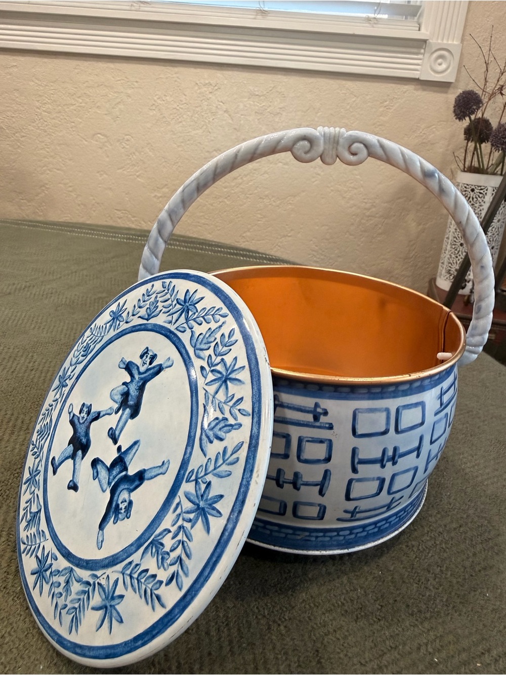 Vintage Blue and White Fricke & Nacke Chinoiserie Tin with Lid and Handle